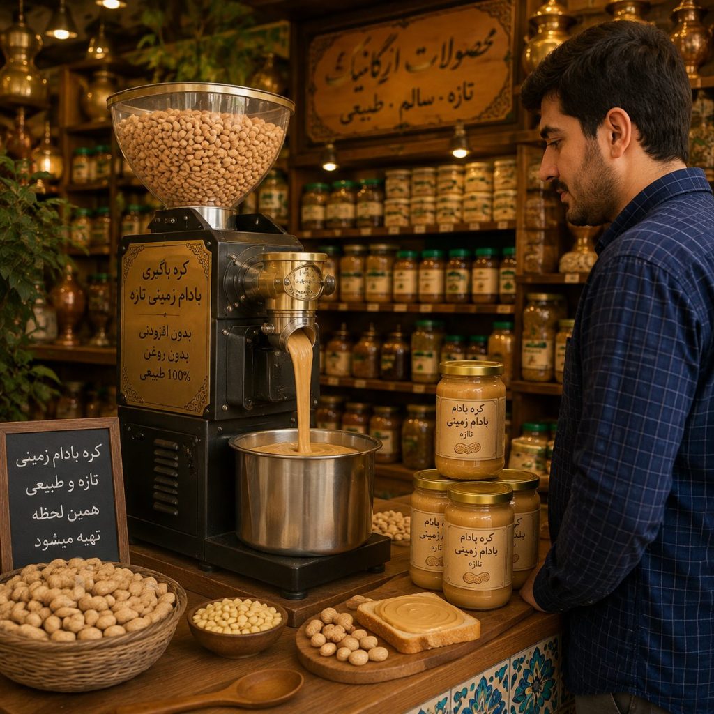 🥜 کره گیری بادام زمینی در حضور مشتری در مشهد؛ تجربه خرید کره تازه در ارگانیک سرای یاس 2 کره گیری بادام زمینی در حضور مشتری در مشهد